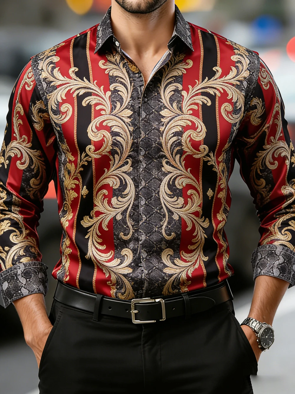 Luxury Men Lapel Collar Shirt Red‑Black Base Golden Scroll Floral Baroque Art Print Polyester Long‑Sleeve Blouse