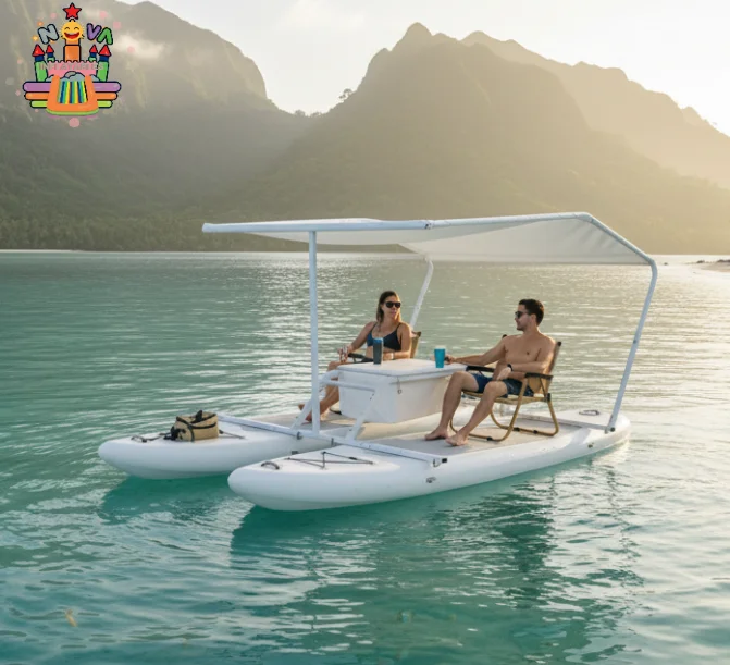 Catamarán Inflable, Plataforma Flotante de Recreo, Tabla de Paddle Surf Doble con Toldo, Mesa y Asientos