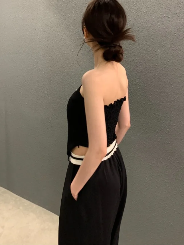 

Retro Chic Asymmetrical Neline Tube Top + High Waist Belted Wide Leg Pants Women's Faion Summer Outfit Casual Wear