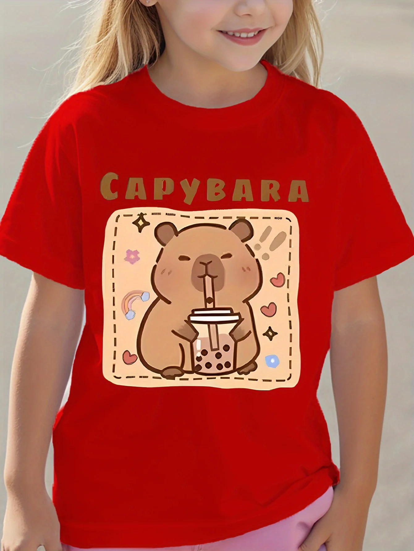 Cute Capybara Drinking Tea Lovely Cartoon Animal Graphic Print T Shirt Family Matching Boys Girls Kids Casual Short Sleeve Tops