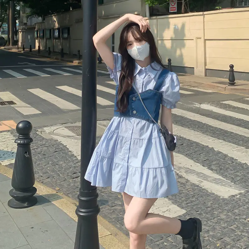 2023 Summer Dress Set Korean Fashion Shirt Dress Denim Tank Tops 2pcs Set Sweet Bubble Sleeve Cute Mini Skirt Y2k Dress