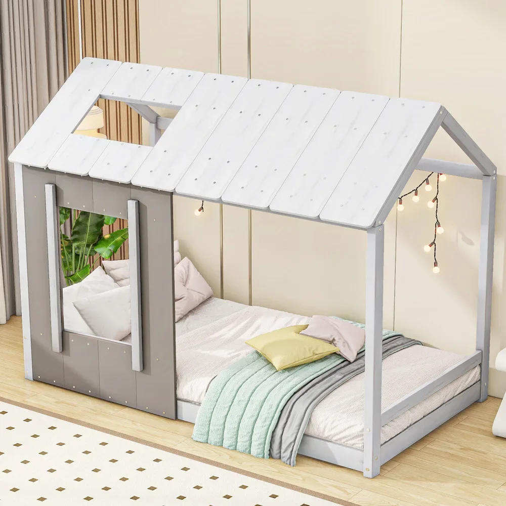 Children Beds Twin Size House Platform with Roof and Window, White+Antique Grey Children's Bed  Kids Furniture Wooden Bed US