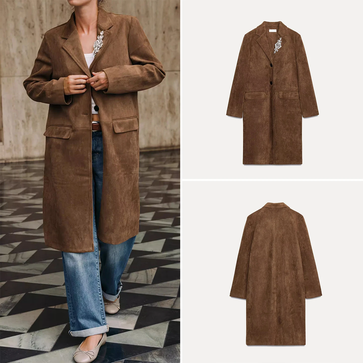 

Z, новинка 2025, женское пальто-туетка на пуговицах с эффектом искусственной замши, длинный воротник свека, средней длины, застежка на одной пуговице