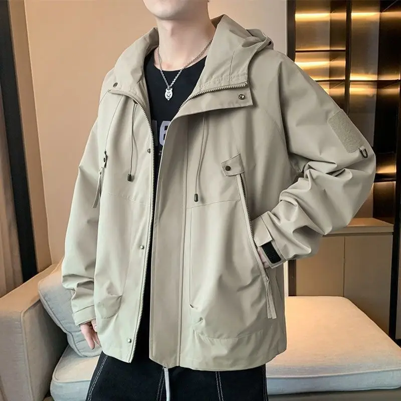 Spring Autumn Fashion Male Clothes Solid Color Jacket Chic Casual All-match Handsome Korean Youth Hooded Loose Waterproof Coat