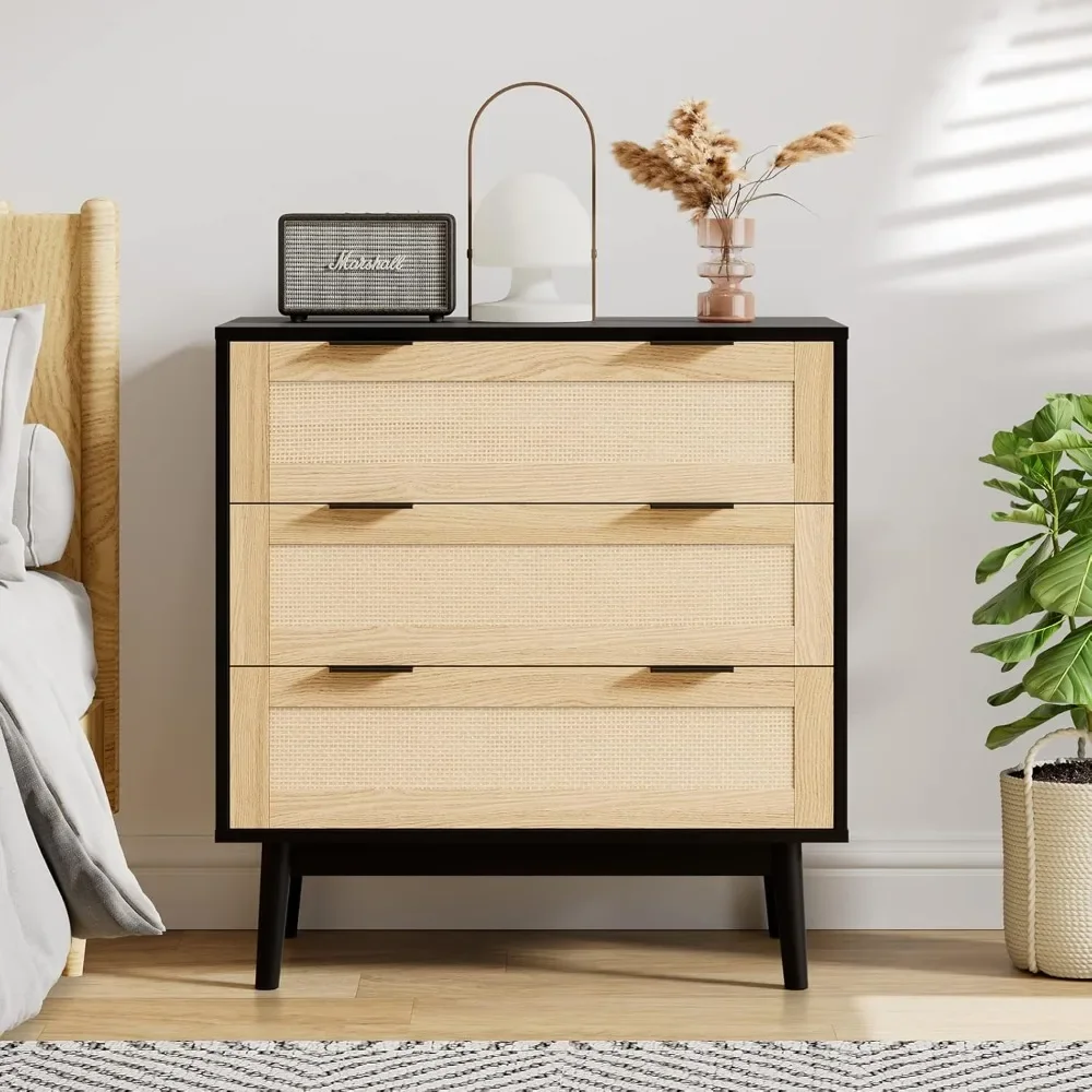 

3 Drawer Dresser for Bedroom,Chests of Drawers Black,Modern Drawer Dresser and Nightstand Sets,Rattan Storage Drawer,Living Room