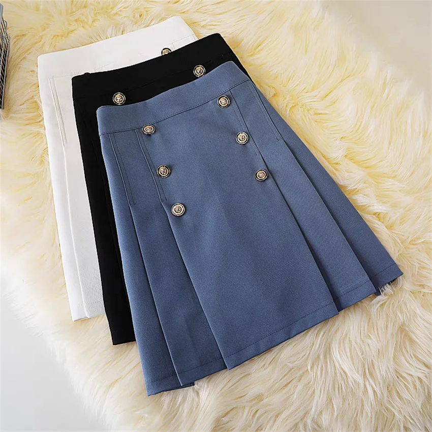 Gowyimmes 2025 Summer Women Double Button Chiffon Skirt Elegant Lady High Waist A-line Pleated Skirts Mini Girl Bottomings 1741