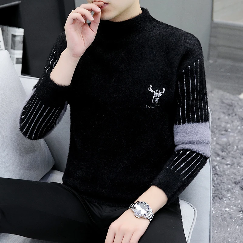 

Мужской вязаный свитер, новинка 2023, зима Thiened f, высокий воротник, норковый бархат, теплая основа, модная повседневная одежда с геометрическим рисунком...