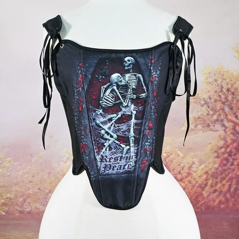 

Women's Bustier Corset Tops Sexy Lingerie Black Skull Lace Up Waist Cincher With Shoulder Strap Slimming Fit Body Shaper Korset