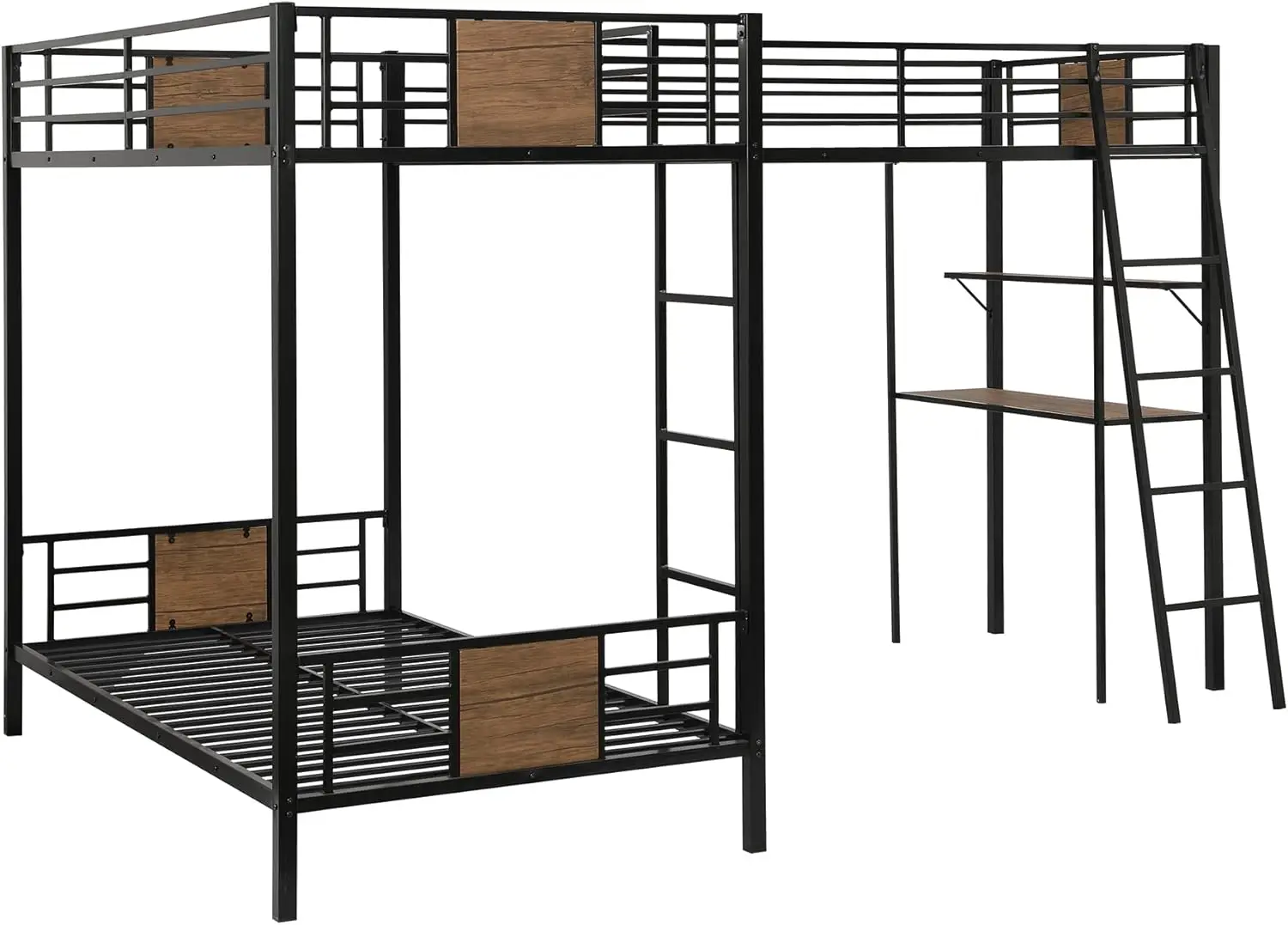 Tempat tidur susun tiga logam dengan meja dan rak, tempat tidur susun berbentuk L untuk 3 anak-anak remaja dewasa, kembar di atas tempat tidur susun kembar dengan ukuran kembar