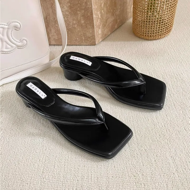 Toe Clip Women Flip Flops 2024 Summer New Fashion Casual Square Head Thick Heel Non-slip Beach Shoes Slippers for Women