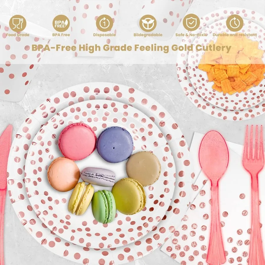 175Pcs White Rose Gold Paper Plates Dinnerware Sets for 25 Guests Party Supplies Disposable Paper Party Plates Napkins Cups Pla