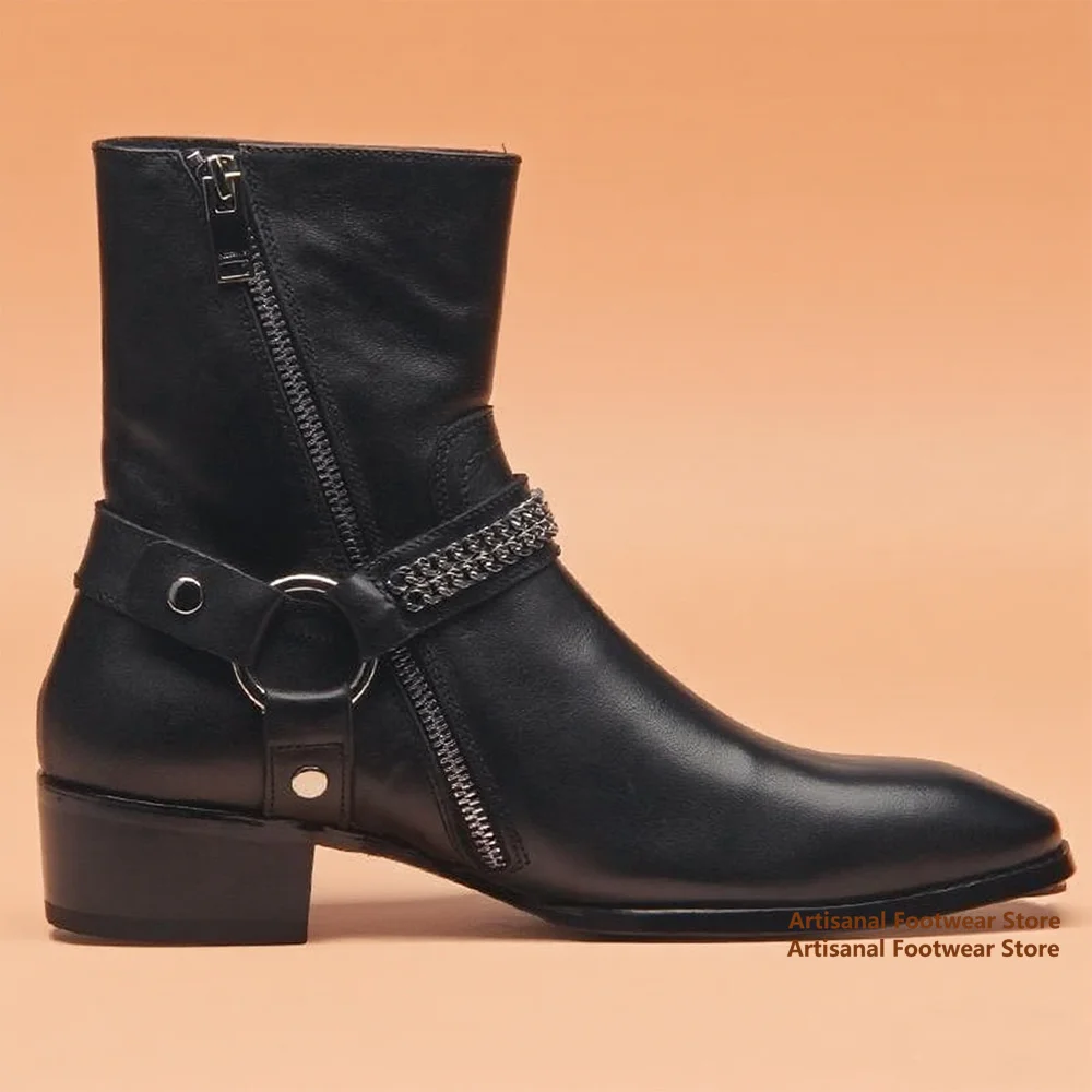 

Metal Buckle Chains Chelsea Boots for Men Pointy Toe High-Top Side Zippers Boots Men's Booties Luxury Handmade Men Shoes