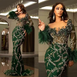 Luxury Mermaid Crystal Beading Evening Dresses Green Applique Feather Banquet Gowns Custom Made Robe De Soirée