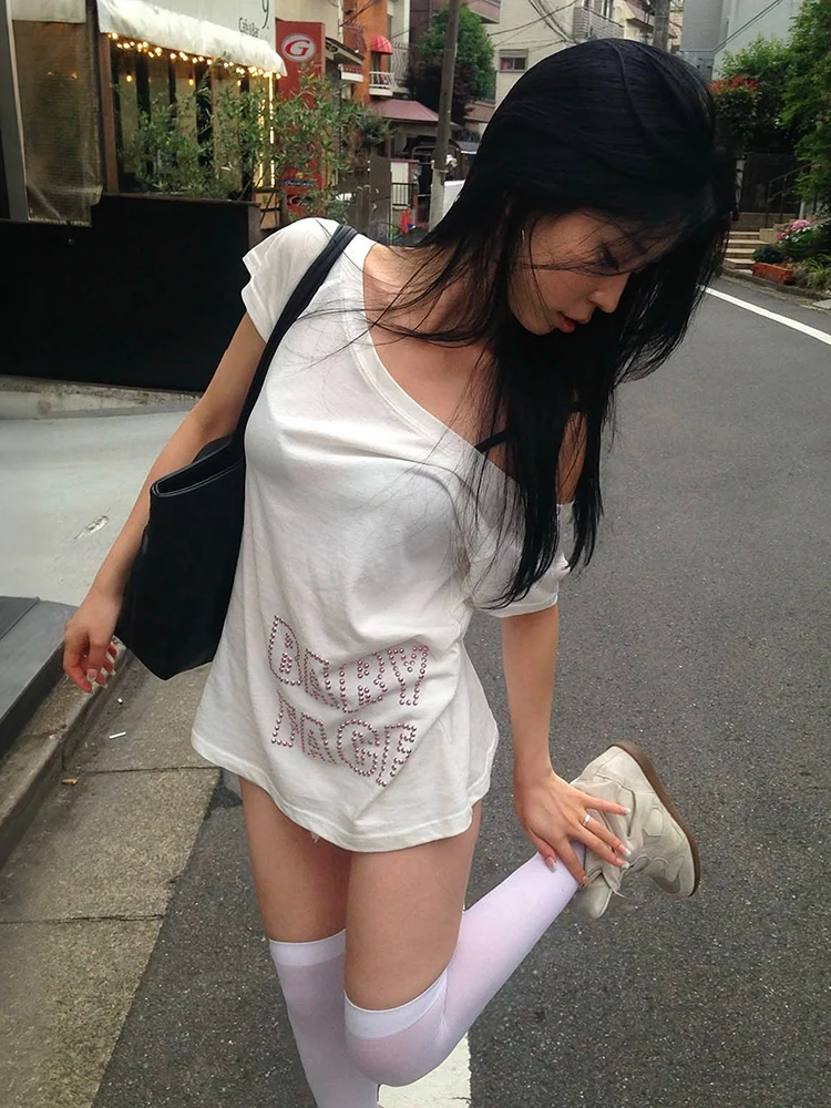 Sisterlinda Music Festival T-Shirt Women Letter Decoration Skew Collar Short Sleeve Leisure Summer Classic Simple Streetwear