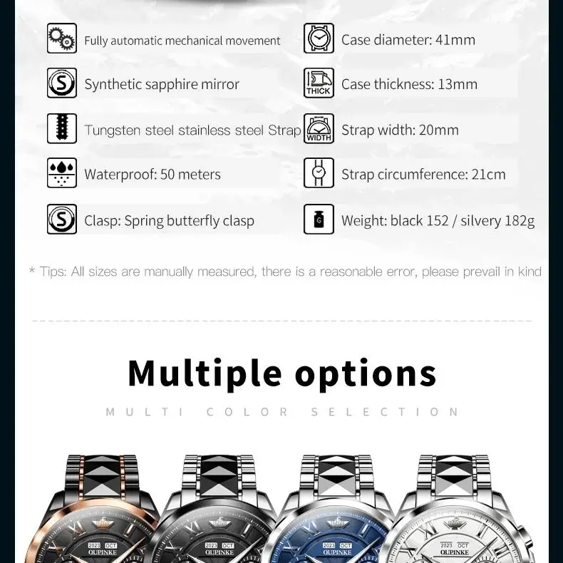 OUPINKE Tungsten Steel Man Watches Flywheel Chronograph Date Waterproof Luminous Automatic Mechanical Watch for Men Rose Black