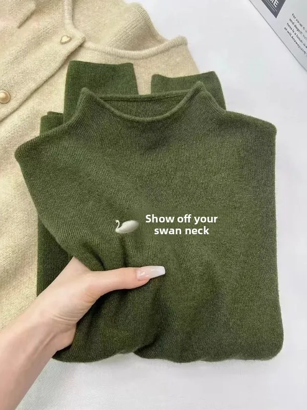 

Soft Skin-Friendly Knitted Base Shirt Women's Half High Collar Autumn Winter Sweater Layering Fuzzy Forest Green Artistic Style