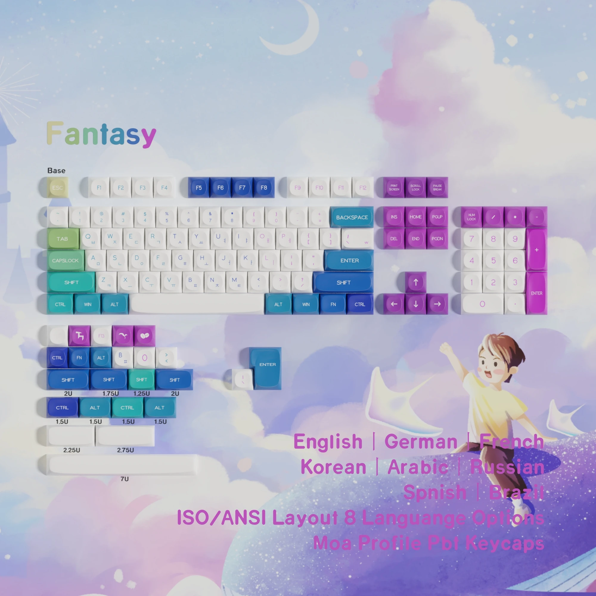 Custom MOA Profile PBT Keycaps 7u Alice Split Space Keys Dye Sub ISO Layout Fantasy Korean German Spanish Arabic French Brazil