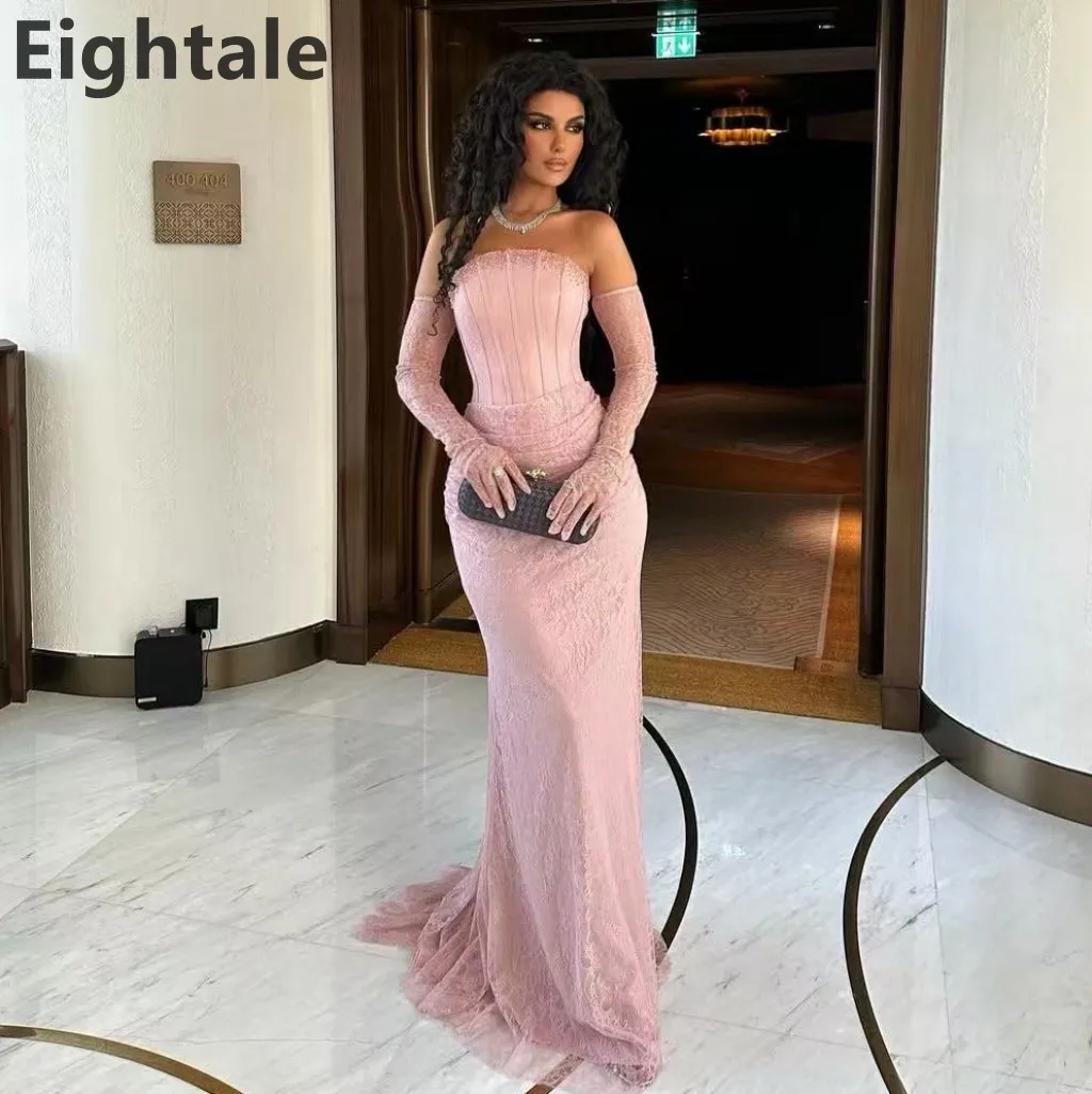 

Eightale 2025 Blush Pink Strapless Lace Mermaid Maxi Evening Dress for Wedding Party Formal Prom Dubai Party Gown Customized