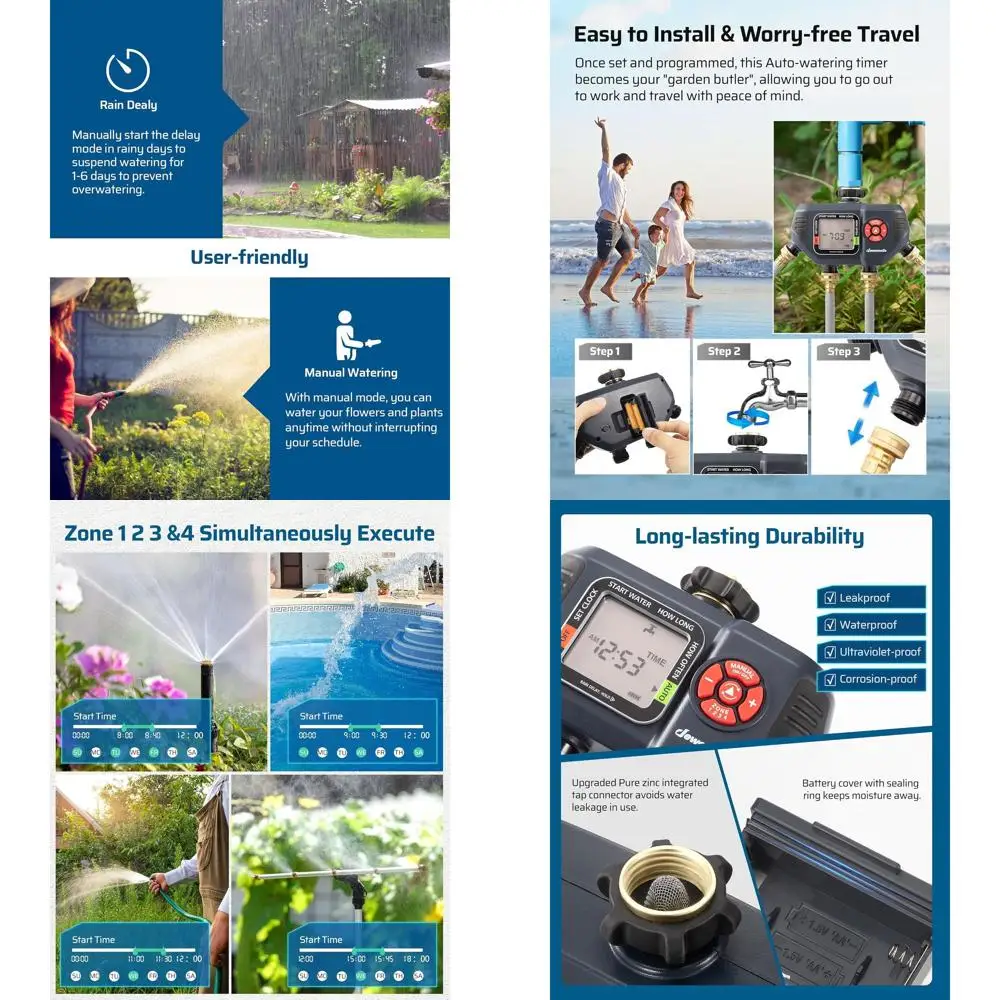 

4-зонный программируемый спринклерный таймер для газона и сада, функция задержки дождя, система автоматического орошения с ручным управлением