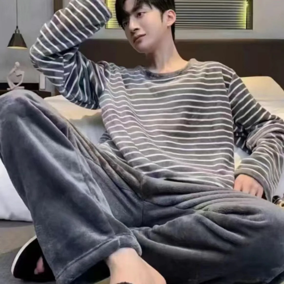 Men Autumn Winter Thickened Velvet Pajamas Boys Gent Warm Long-sleeve Pants Loungewear Man Soft Home Set Teen Daily Casual Wear