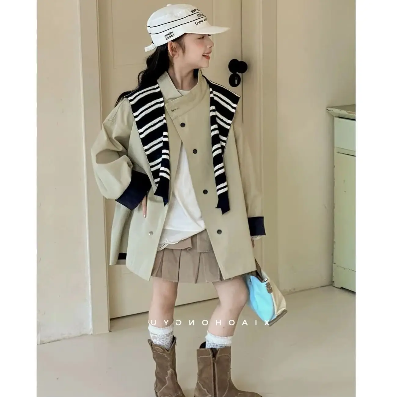 Girls' Khaki Trench Coat Spring Autumn New Children's Windbreaker Plaid Lining Fashionable Jacket  Outerwear