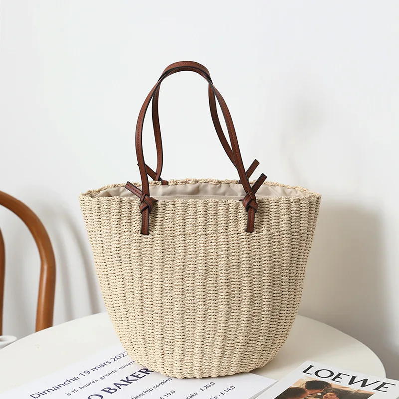 Sac en paille de Style coréen rétro Ins, sac seau à une épaule sauvage, sac en rotin tissé à la main, sac de plage pour femmes