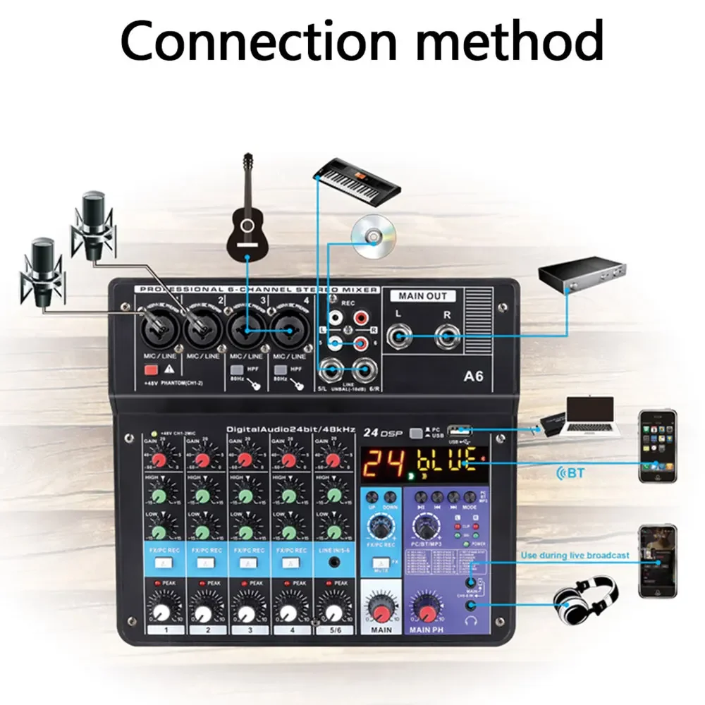 A6 Live Sound Card Table 6 Channels Sound Mixing Console Bluetooth-compatible Mobile Record Computer Playback Audio Mixer