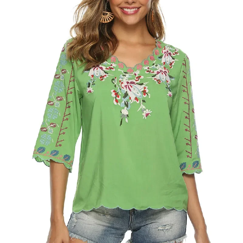 TEELYNN Boho camicetta camicie donna scollo a V allentato Casual cotone ricamo floreale autunno Vintage Camisas Mujer Boho signore top
