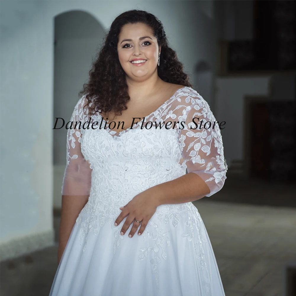 V-Neck Plus Size Wedding Dresses For Bride Three Quarter Sleeve A-Line Bride Gown Lace Applique Sweep Train Robe De Mariée