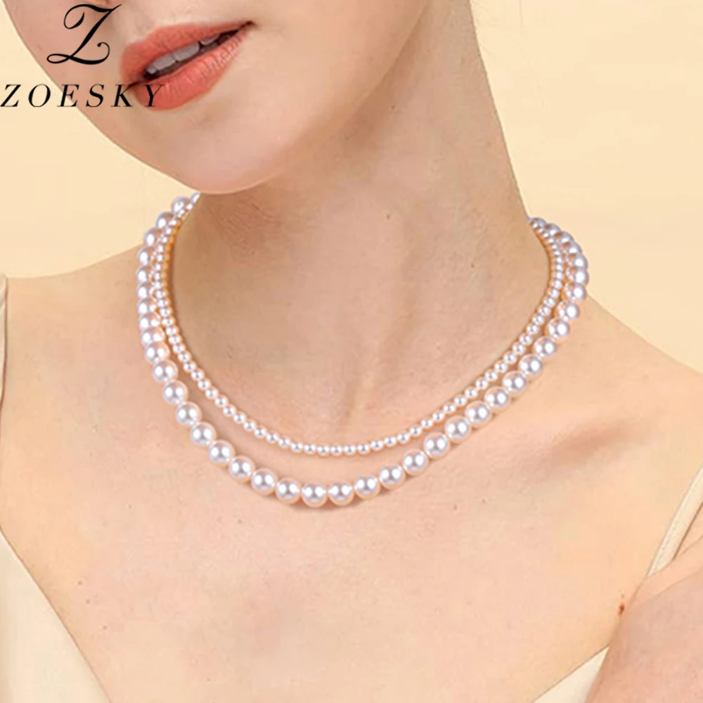 Zoesky Fashion 6/8/10mm Pearl Chain Necklaces For Women Girl Wedding Love Gifts Hypoallergenic Collarbone Necklace Party Jewelry