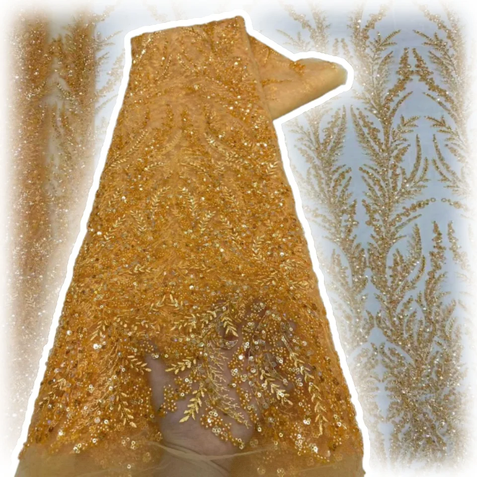 

2025 Высококачественная африканская кружевная ткань, Нигерия, оранжевая кружевная ткань с бисером, тюлевая ткань с блестками для вечеринки, свадьбы, шитья CC1708