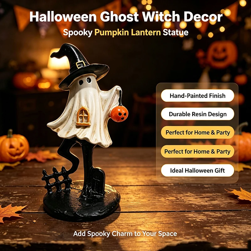 Halloween Ghost Figurine Cute Pumpkin Ghost Resin Statue for Desk Tabletop Centerpieces Spooky Home