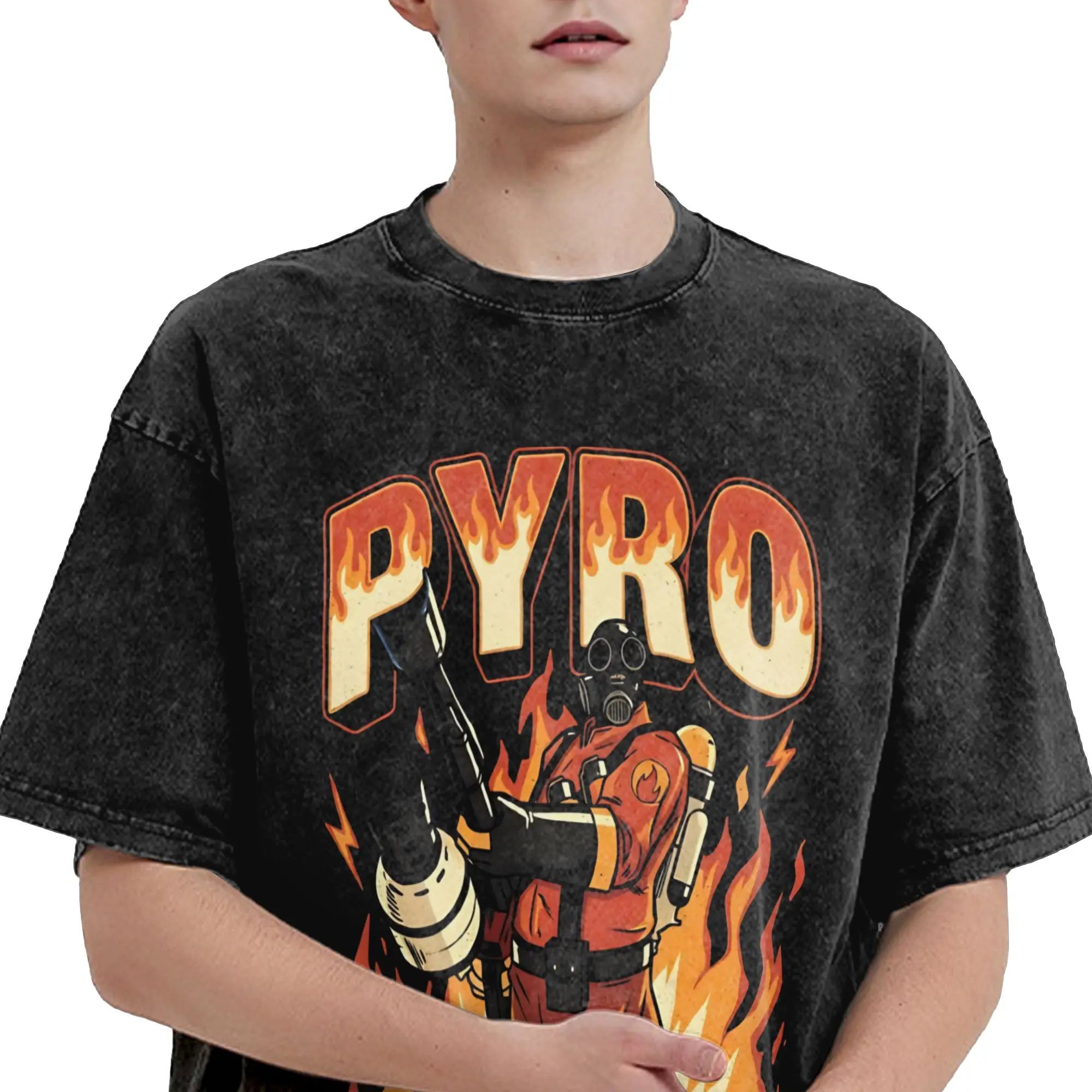The Pyro Team Fortress 2 Bootleg Anime Gaming  T Shirt Hip Hop Washed Cotton Oversize T-Shirts Vintage Men Women Streetwear