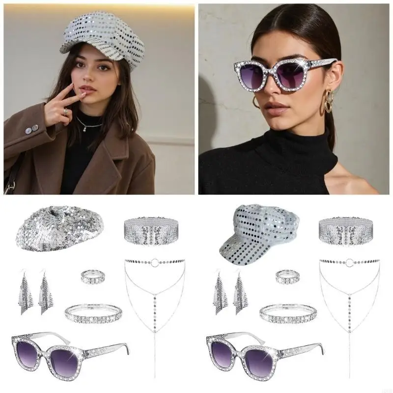 

60s 70s 80s Disco Accessories Women Fancy Dress Costume Disco Set Disco Earrings Sunglasses Sequins Caps Necklace Rings