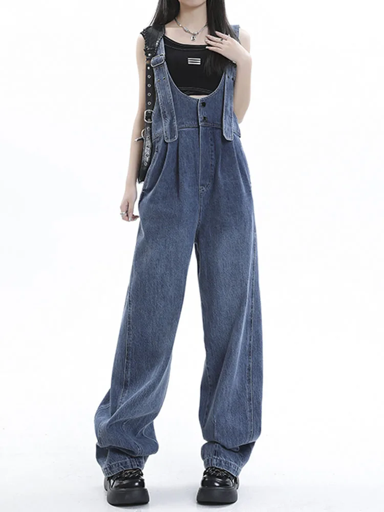 Y2k Harajuku Jumpsuits for Women Straps Jeans Overalls Vintage Streetwear Hole Wide Leg Pants Casual Baggy Denim Jumpsuit