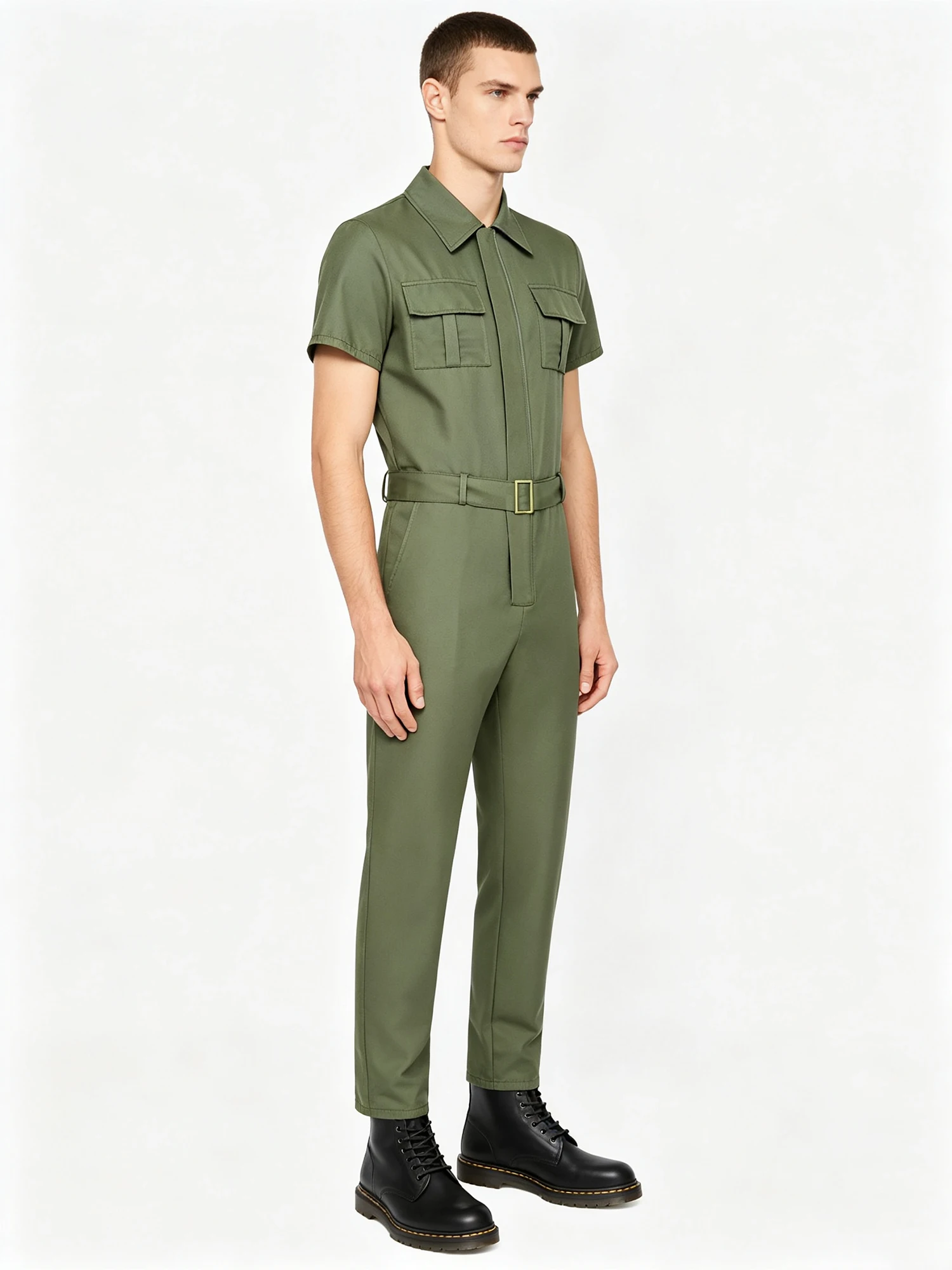 Men Multi Pocket Coverall Jumpsuit Short Sleeve Turn Down Collar Front Zipper with Belt Durable Breathable for Work Utility