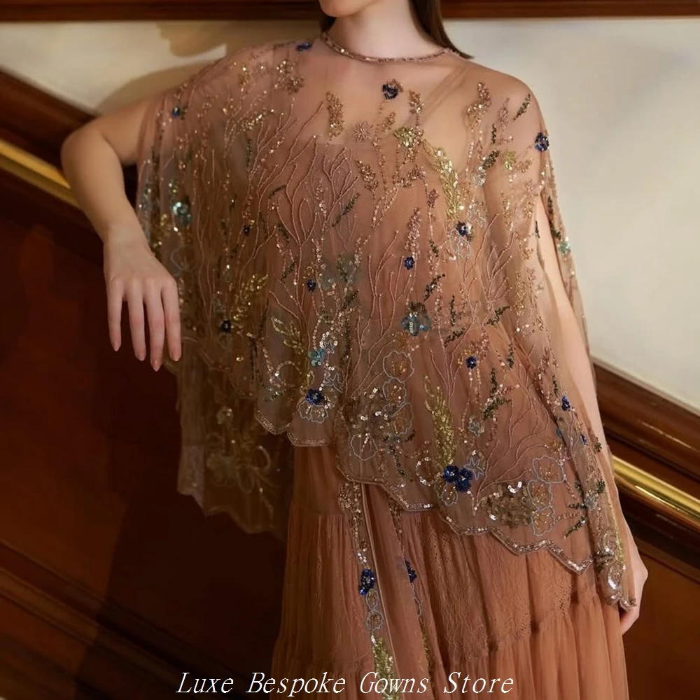 Women's A-line Evening Dresses Floor-length O-neck Sleeveless Prom Dresses Fashion Sequined Stole Simple Draped Customized Gowns image 2