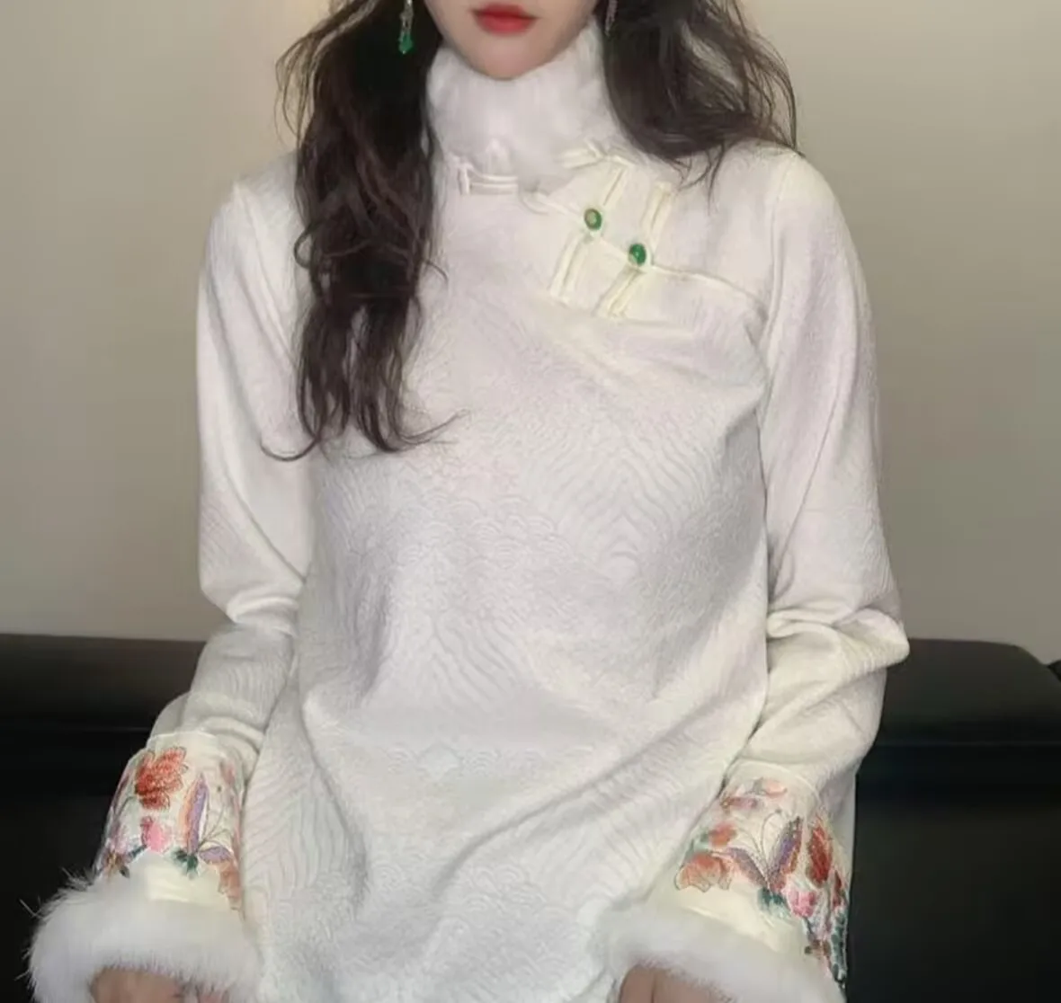 New Chinese Style National Style Base Sweater Plus Down Plus Thick Inner Wear Long Sleeve T-shirt Stand Collar Button-up Top