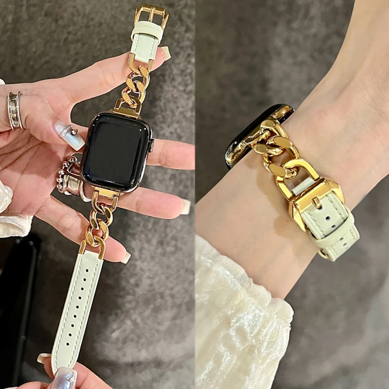 

Leather Strap for Apple Watch 10 Band 46mm 42mm 44mm 40mm 41mm 45mm Women Stainless Steel bracelet iWatch Series 9 8 SE 7 6 Belt