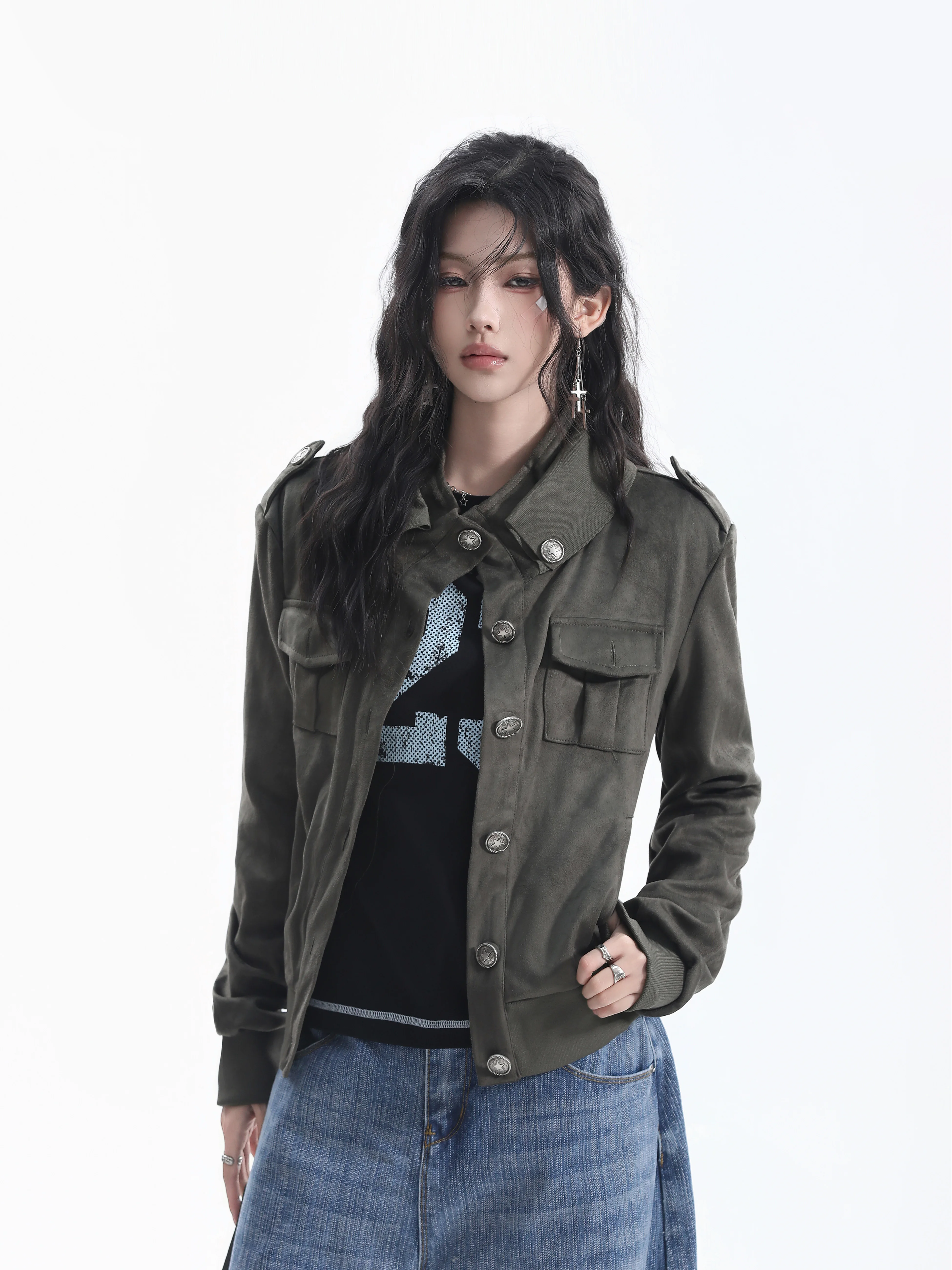 Retro American Style Short Workwear Jacket Women's Shoulder Length Stand Collar Functional Style Outerwear Cardigan