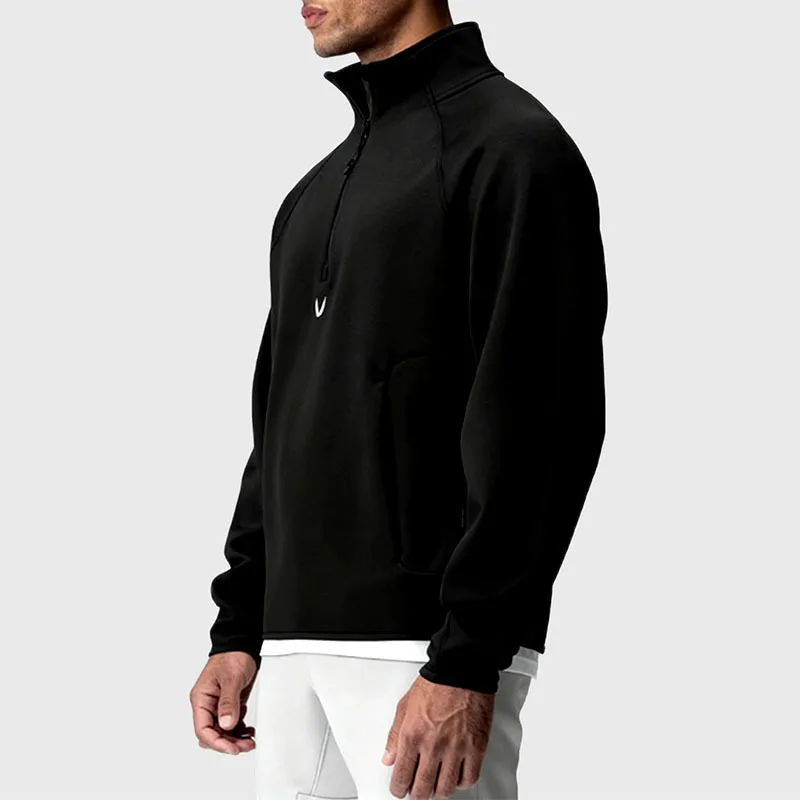 B&C Half Zip Stand Collar Sweatshirt with Small V Logo Basic Pullover for Men Daily Casual Outdoor Wear