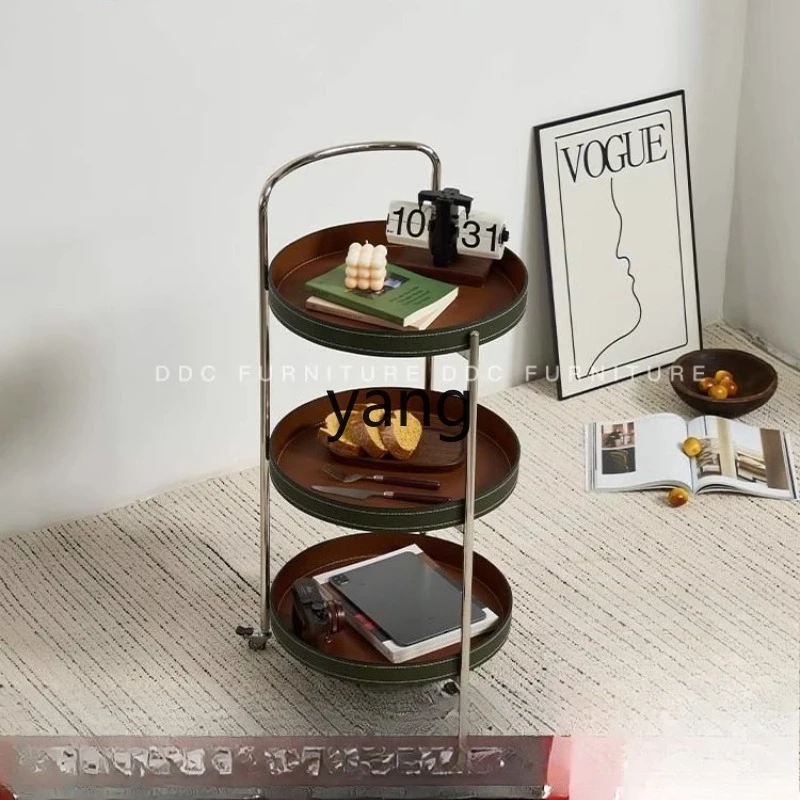 

LH medieval style saddle leather mobile side few living room U-shaped handle three-layer storage trolley
