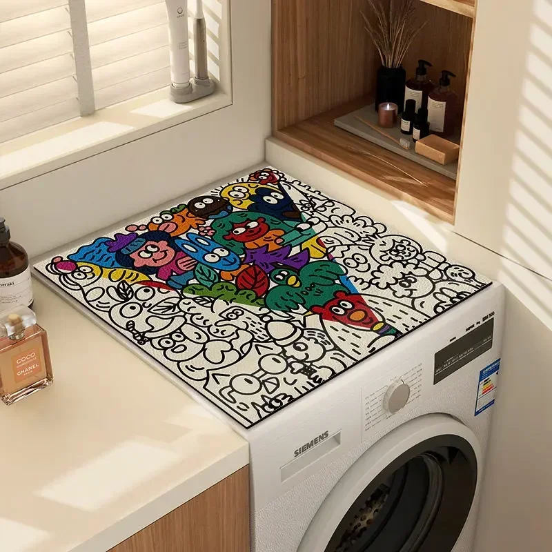 VIKAMA Doodle Cartoon Animal Washing Machine Top Mat Color Sketch Print Waterproof Anti Dust Pad For Dryer Cabinet Top