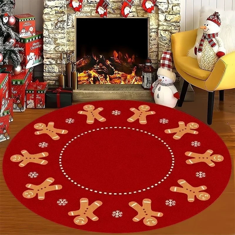Round Christmas Gingerbread Santa Snowflake Print Rug Home Floor Mat for Bedroom Holiday Christmas Party Indoor Home Carpet