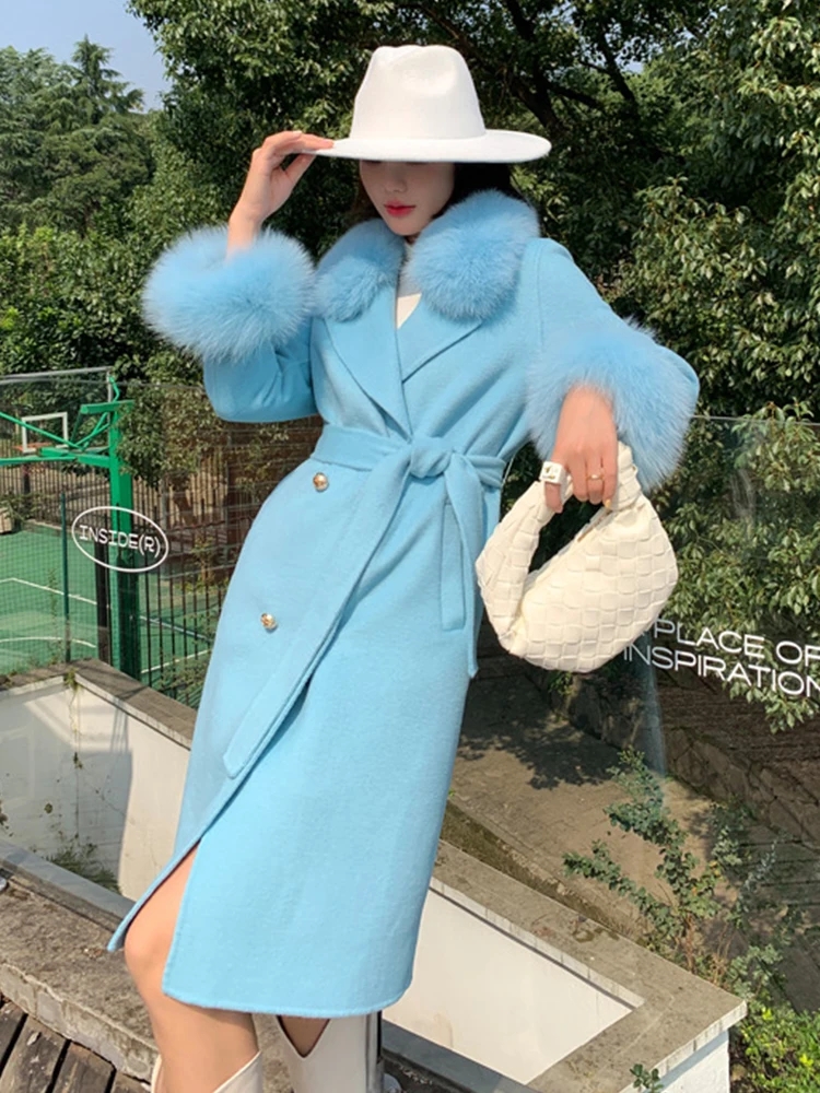 Hot Sale Female Classic Woolen Wool Fox Fur Collar and Cuff Decoration Women Winter Woolen Slim Belt Long Woolen Coat