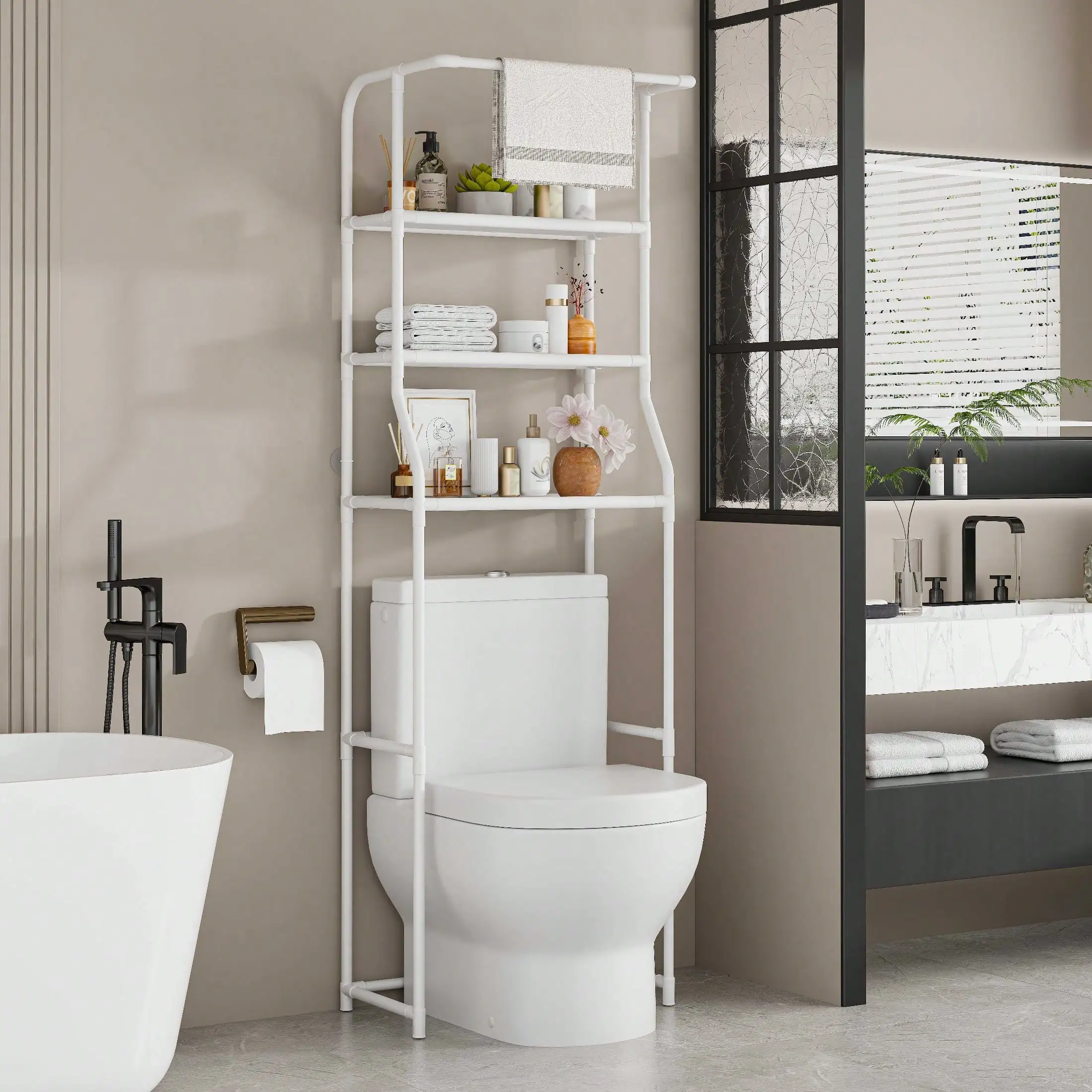 

3-Tier Over-Toilet Storage: Black Metal Shelves, Freestanding, 4 Hooks, Bathroom Space Saver