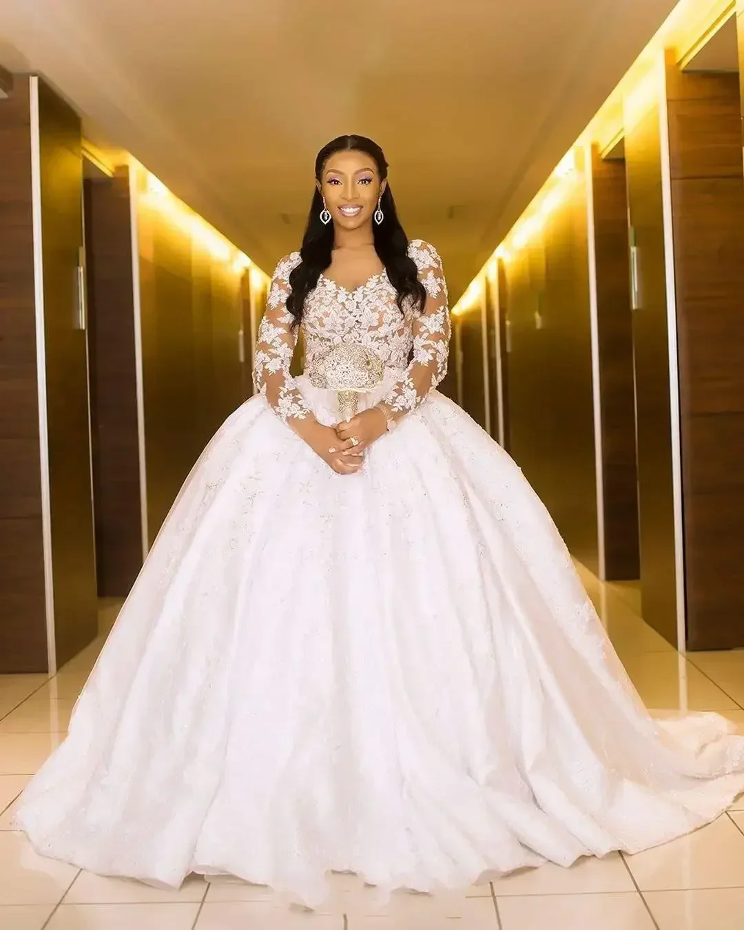 Customized Bridal Gowns Vestidos De Novia Design Real Transparent Lace Long Sleeves Wedding Dress