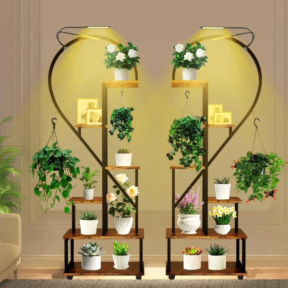2PCS 6 Tier Tall Plant Stand Indoor with Grow Lights, Half Heart Shaped Plant Stands for Indoor Plants Multiple with Wheels, Lar