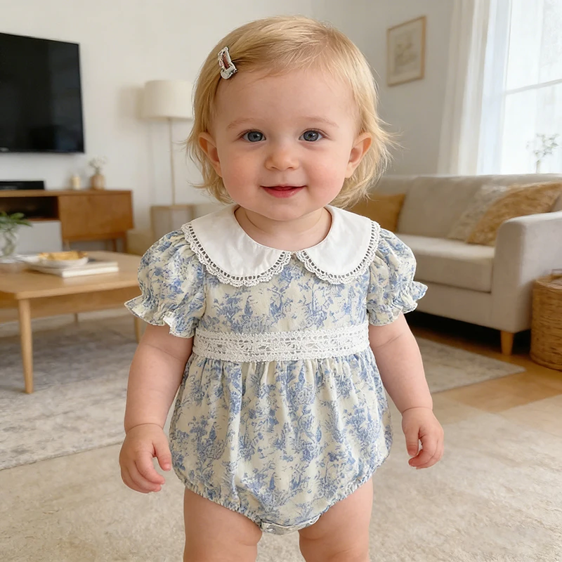2026 Neuer Sommer-Baby-Krabbelanzug im Koreanischen Stil, Kurzärmeliger Jumpsuit für Mädchen mit Niedlichem Peter-Pan-Kragen – Detail 15