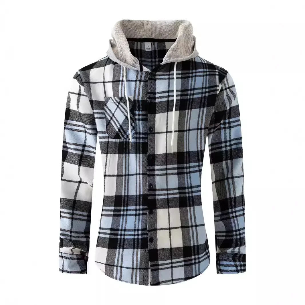 

2024 New Men's Shirt Spring and Autumn Hot Sale flannel plaid hooded street casual plus size men clothing streetwear